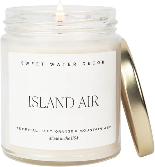 Sweet Water Decor Island Air Soy Candle - Tropical Fruit, Mountain Air, and Orange Scented Summer Candles for Home - 9oz Clear Jar and Gold Lid, 40+ Hour Burn Time, Made in The USA