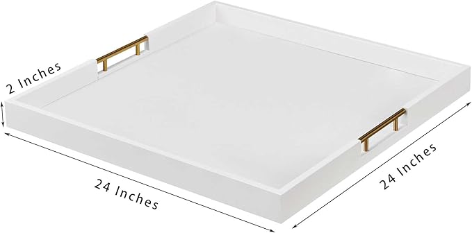 24x24 Inches Extra Large White Faux Leather Wrapped Wood Ottoman Tray with Golden Handles for Serving Food and Breakfast On Bed, Square Coffee Table Organizer, Home Decor and Decorative