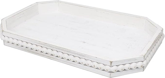 Whitewashed Wood Serving Tray with Beads, Farmhouse Decorative Tray for Table Centerpiece, Christmas Wedding Halloween Home Decor