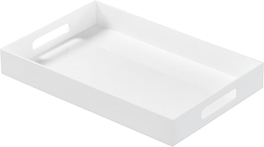 Glossy White Acrylic Serving Tray with Handles-Lucite Tray for Ottoman,Coffee Table, Breakfast, Tea, Food, Butler - Decorative Tray (10x15x2H Inch with, White)