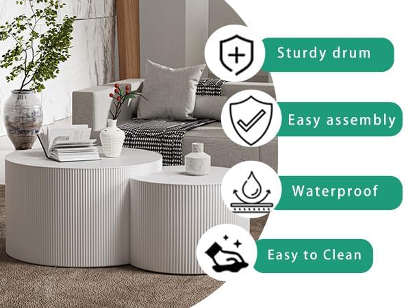 Round Nesting Coffee Table Set 2 Piece, Drum Modern Stackable Side Table for Living Room/Bedroom Small, Space-Saving Accent Furniture with Scratch-Resistant Design (A White 27.56 in)