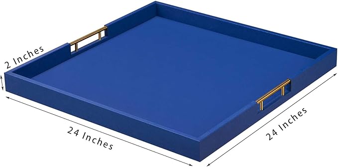 24x24 Inches Extra Large Blue Faux Leather Wrapped Wood Ottoman Tray with Golden Handles for Serving Food and Breakfast On Bed, Square Coffee Table Organizer, Home Decor and Decorative