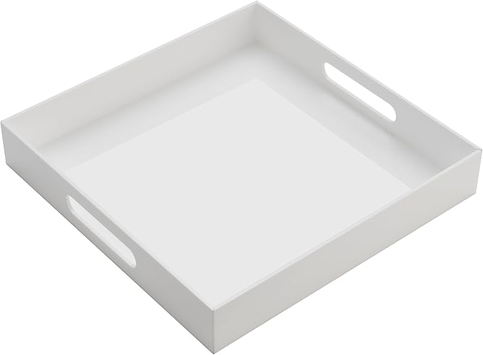 Glossy White Acrylic Serving Tray with Handles-Butler Trays for Coffee Table, Snacks,Breakfast in Bed, Kitchen Countertop,Vanity,Makeup Organizer,Ottoman (White, 12x12 Inches)