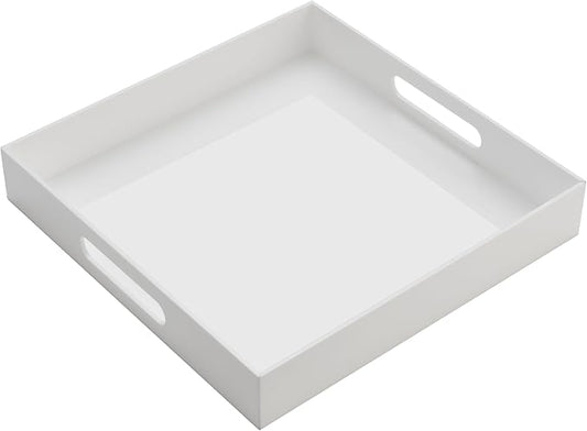 Glossy White Acrylic Serving Tray with Handles-Butler Trays for Coffee Table, Snacks,Breakfast in Bed, Kitchen Countertop,Vanity,Makeup Organizer,Ottoman (White, 12x12 Inches)