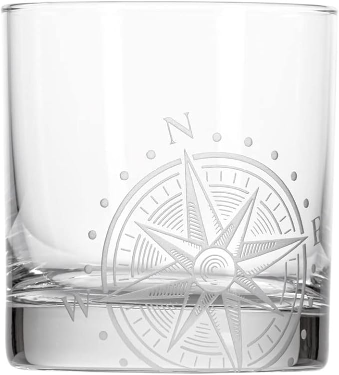 Rolf Glass Compass Star On the Rocks Glass 10 ounce | Set of 4 | Lead-Free Glass | Nautical Themed Glassware | Stylish Drinkware for Home Bar and Parties | Made in the USA