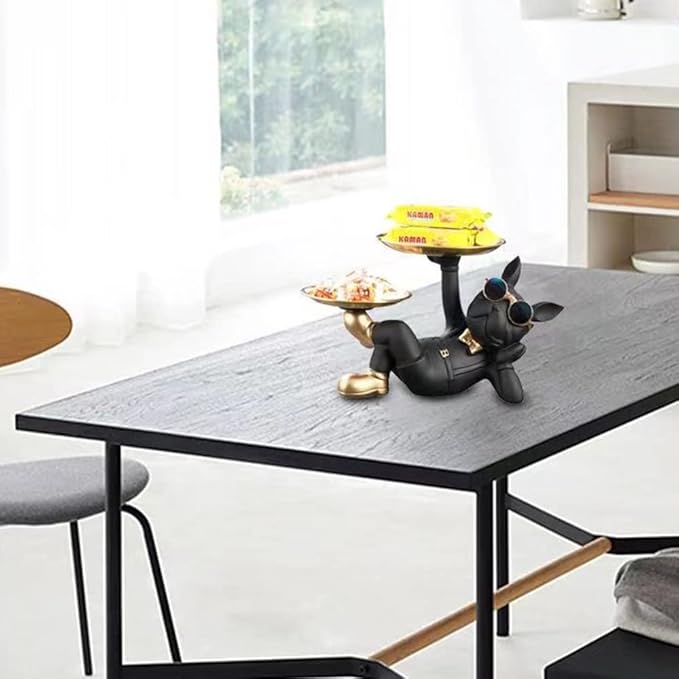 Cool Resin Dog Statue with 2 Trays and Cute Glasses Black French Bulldog Figurine Ornaments Animal Sculptures Home Decor Anniversary Thanksgiving Christmas Birthday Gifts