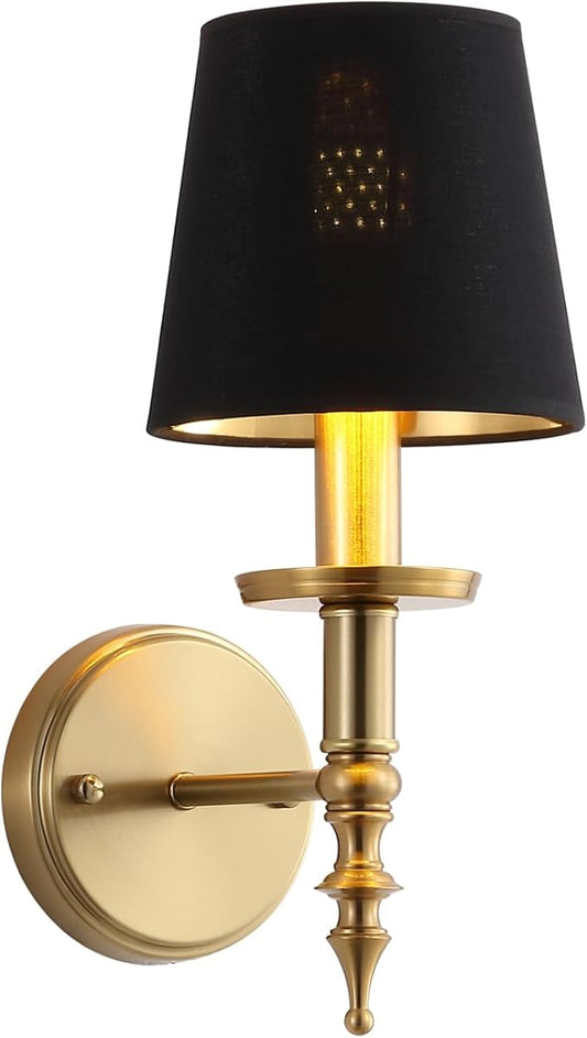 Modern Wall Sconce Industrial Mid Century Bathroom Vanity Wall Light Brushed Brass Finished Frame and Black Linen Shade Wall Mount Lights for Living Room Bedroom Stairs Corridor Mirror