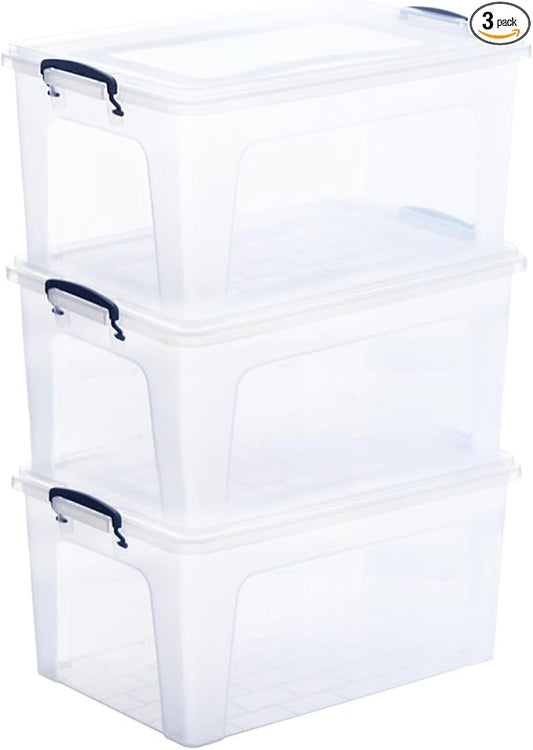 Superio Storage Bins with Lids- Clear Boxes for Organizing, Stackable Plastic Containers- BPA Free, Non-Toxic, Odor Free, Organizer for Home, Office, Dorm, 28.5 Qt, 3 Pack