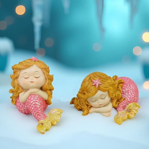 Mini Mermaid Figurine Set (2-Pack) - 4-Inch Sleeping Baby Mermaid Statue, Cute Tailed Mermaid Princess Decor for Fish Tank, Shelf & Home Décor