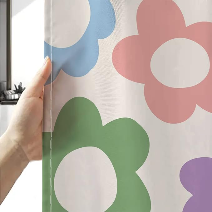 Sanzugh Cute Pastel Flower Shower Curtain, Boho Retro Floral 70S Aesthetic Fabric Shower Curtains Set for Girls Kids Bathroom Groovy Pink Floral Funky Decoration with Hooks 72 X 72 Inch Bath Decor