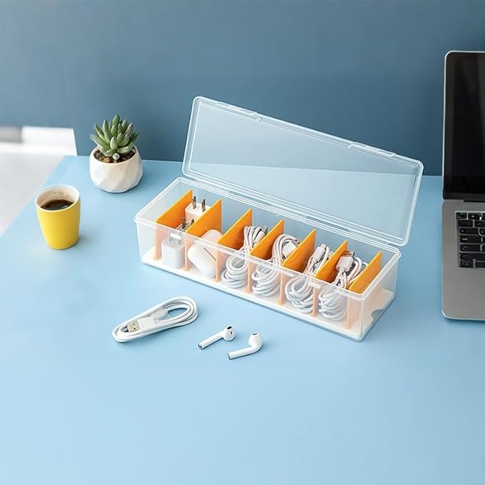 Clear Cable Organizer Box with 10 Reusable Cable Ties, Cord Management Case for Phone Chargers, Wires, Electronics. Desk Drawer Storage Organizer for Home, Office.