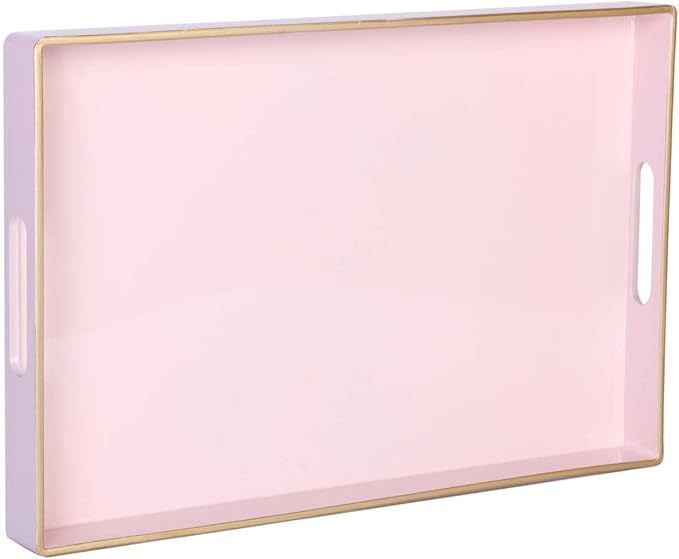 Zosenley Decorative Tray, Rectangular Plastic Tray with Handles, Modern Vanity Tray and Serving Tray for Bathroom, Kitchen, Ottoman and Coffee Table, 15.6” x 10.2” (Pink)