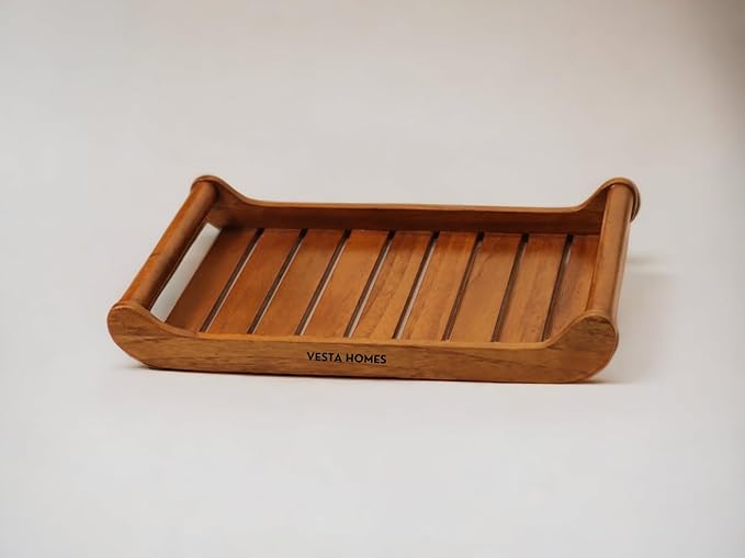 Vesta Homes Large Teak Wood Serving Tray for Home, Kitchen, Breakfast, Restaurant, Office Organizer, Dining Table | Premium wooden Trays |15*10*2.25 Inches | Handmade in India