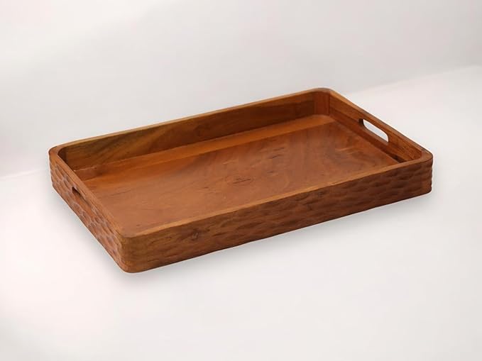 Vesta Homes Acacia Wood Serving Tray for Home/Kitchen/Restaurant/Office Organizer/Dining Table | Premium Serving Trays | 18 x 12 x 2.25 Inches | Handcarved in India