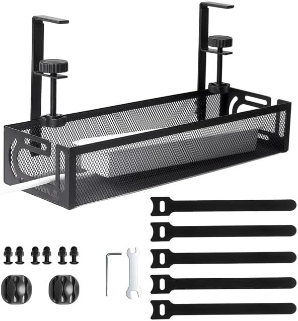 4-in-1 Clamp-On Cable Managment Tray-No Drill Wire Organizer for Desk, Side, Front, or Shelf Mount-Heavy Duty Metal Mesh by Prince Supply Co.