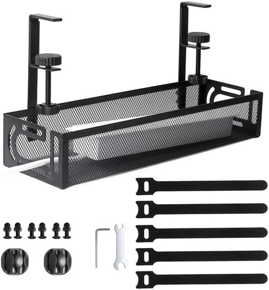 4-in-1 Clamp-On Cable Managment Tray-No Drill Wire Organizer for Desk, Side, Front, or Shelf Mount-Heavy Duty Metal Mesh by Prince Supply Co.