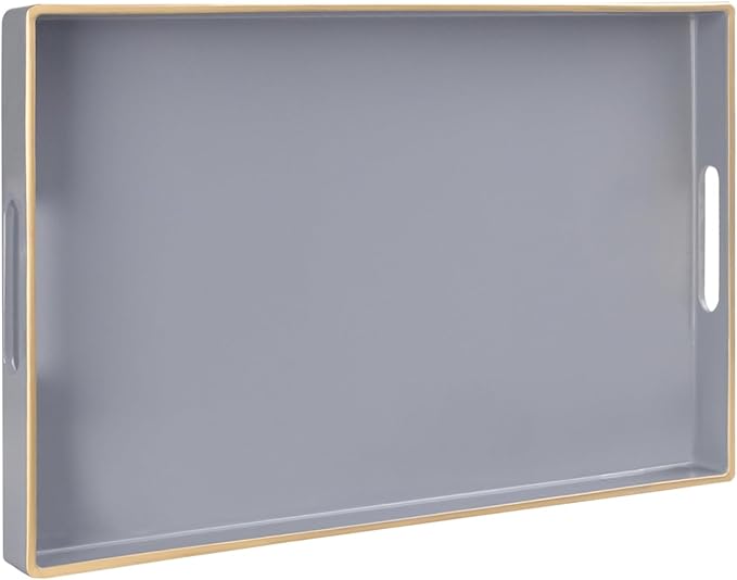 MAONAME Gray Serving Tray with Handles, Modern Grey Decorative Tray for Coffee Table, Plastic Rectangular Gray Trays for Ottoman, Bathroom, Decor, 15.8” x 10.2” x1.4