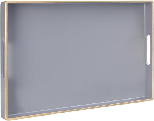 MAONAME Gray Serving Tray with Handles, Modern Grey Decorative Tray for Coffee Table, Plastic Rectangular Gray Trays for Ottoman, Bathroom, Decor, 15.8” x 10.2” x1.4
