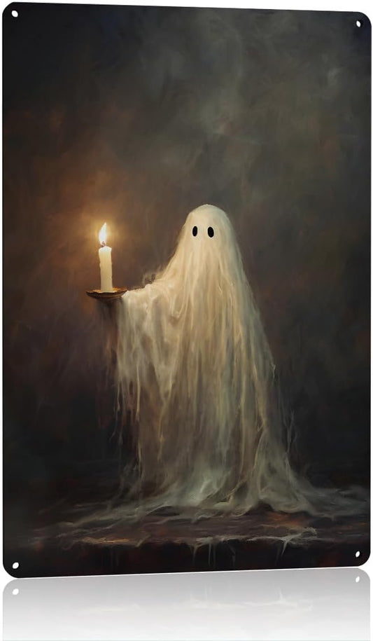 Halloween Ghost Wall Art Decorations Outdoor Indoor Halloween Party Decorations Spooky Home Decor Gifts Vintage Dark Candles Metal Aluminium Plate Sign for Porch Yard Kitchen Bedroom Bathroom