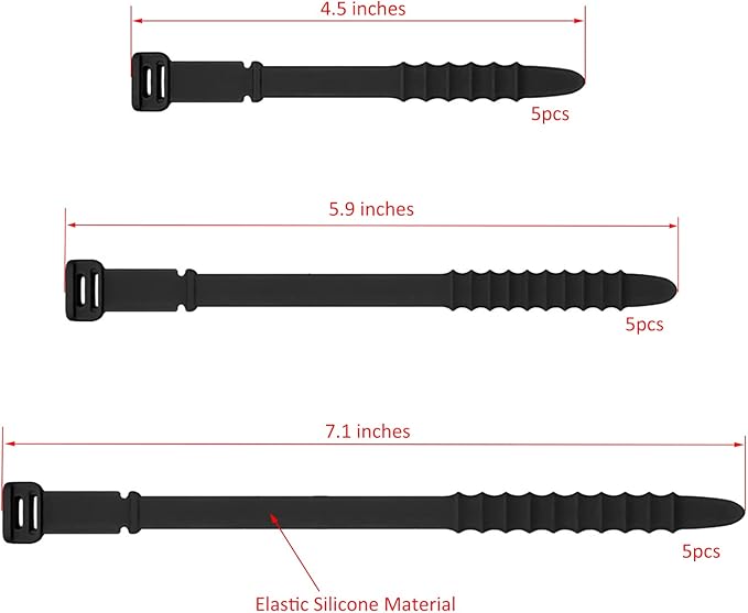 Silicone Zip Ties, Reusable Zip Ties, Rubber Cable Ties Straps for Wire Management, Elastic Silicone Ties Cable Organizer for Home Office, Cord Ties in Three Sizes 4.5" 5.9" and 7.1" (5+5+5 Pcs Black)