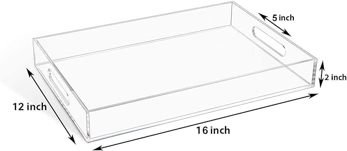 Durable Rectangular Breakfast Serving Tray - 5MM Thick Waterproof Acrylic Serving Platter with Handles for Coffee, Tea, Food - Elegant Decorative Tray (Clear Tray-16''x12'')