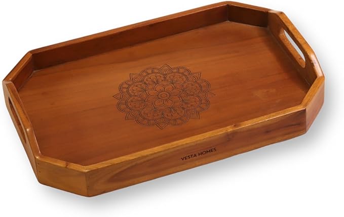 Vesta Homes Extra Large Wooden Serving Tray for Home, Kitchen, Breakfast, Restaurant, Office Organizer, Dining Table | Premium Acacia Wood |18 * 12 * 3 Inches | Handcrafted in India