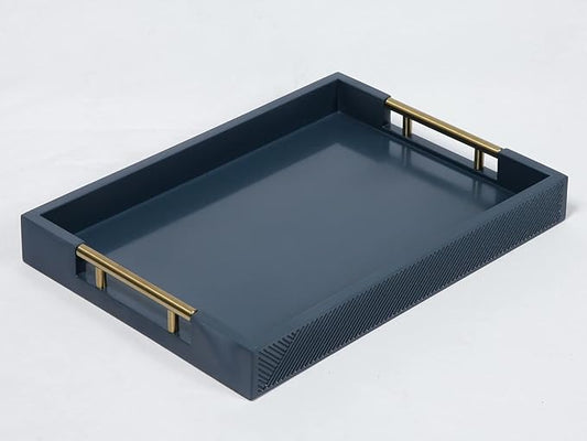 Serving Tray with Polished Metal Handles, 16.5''x12'' Rectangle Coffee Table Tray, Modern Decorative Tray, Large Ottoman Tray, Perfect for Storage and Display (Blue)