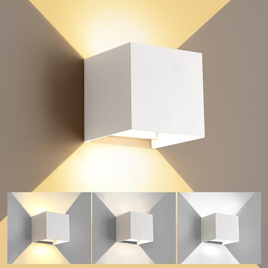 20W Outdoor Wall Sconce Lights & Indoor Wall Sconce,Matte White Square Wall Light,3 Color Adjustment Option,1700LM Up and Down Outdoor Lights 4.72-Inch Exterior Light Fixture for House,1-Pack