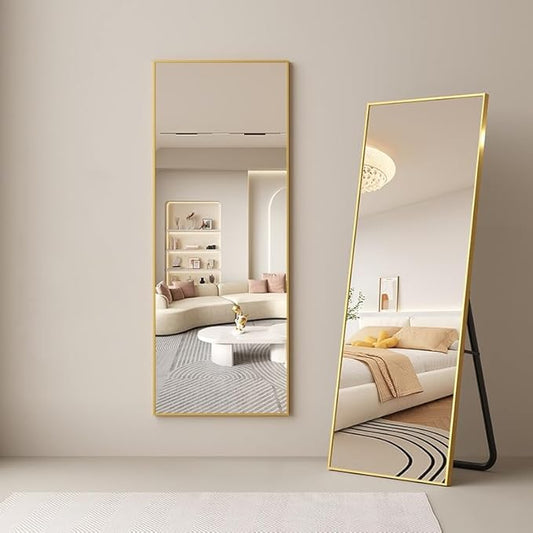 Full Length Mirror with Stand, 64" x 21" Free Standing Floor Mirror, Full Body Mirrors, Hanging or Wall Mounted Mirrors for Bedroom, Rectangle Shape, Metal Frame,Gold