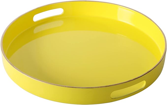 Zosenley Decorative Tray, Round Plastic Tray with Handles, Modern Vanity Tray and Serving Tray for Ottoman, Coffee Table, Kitchen and Bathroom, Size 13” (Yellow)
