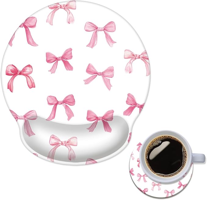 Mouse Pad with Wrist Support, Ergonomic Mouse Pad with Memory Foam Wrist Rest Cushion, Non-Slip Rubber Base Gaming Mice Pad for Home Office Computer Laptop,Pink Bow
