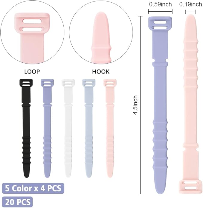 Reusable Zip Ties,Silicone Zip Ties,20Pcs Rubber Cable Ties,Cable Management,Everyday Beach Essentials,Office Supplies,Home Organization,Packing Essentials,Cable Organizer,Multicolor Cable Straps
