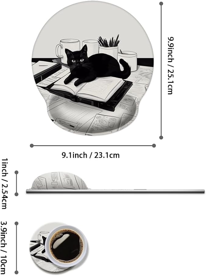 Mouse Pad with Wrist Support, Ergonomic Mouse Pad with Memory Foam Wrist Rest Cushion, Non-Slip Rubber Base Gaming Mice Pad for Home Office Computer Laptop,Black and White Cat