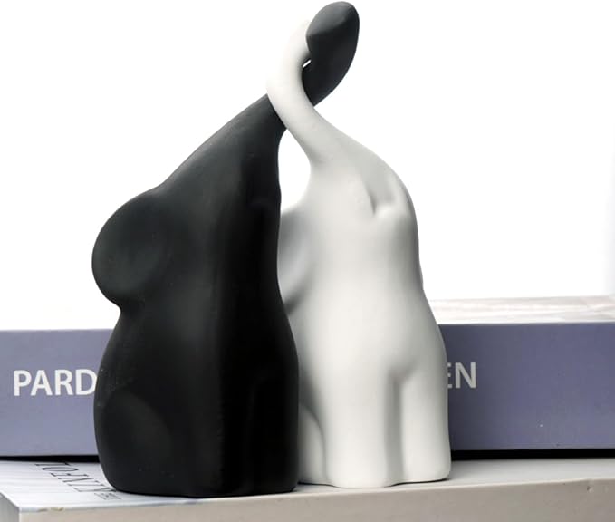 OwMell Set of 2 Loving Elephant Statue Figurine, 6" Elephant Ring Holder, Gifts for Couples Home Lucky Decor - Matte