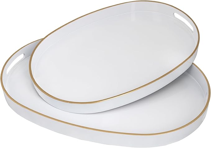 MAONAME White Serving Trays with Handles, Oval Decorative Trays for Coffee Table, Nesting Tray Set of 2, Plastic Vanity Tray for Ottoman, Living Room