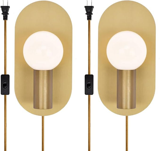 Plug in Wall Sconce Set of 2, Gold Modern Sconces Wall Lighting Cord with On Off Switch, Brushed Wall Mount Light Fixture for Bedroom Living Room Bathroom