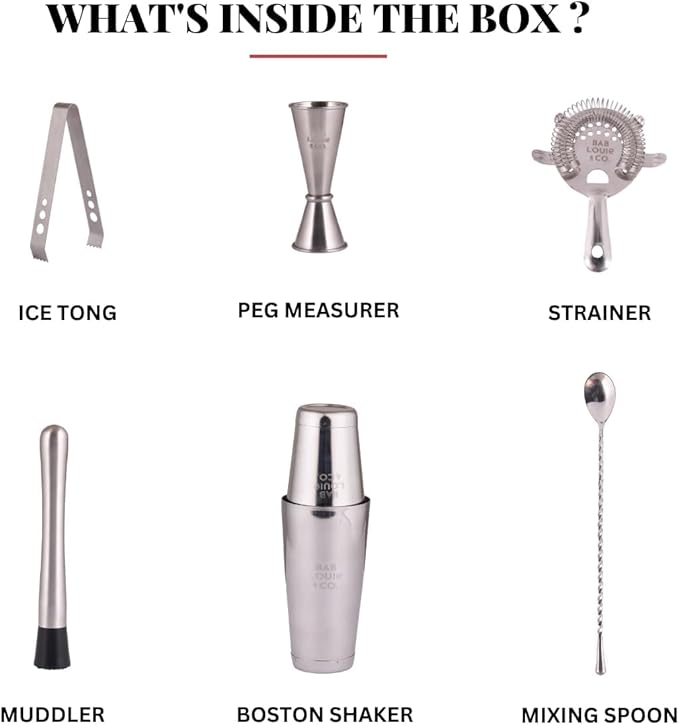 Bab Louie & Co. Bar & Cocktail Set, Ultimate BarKit, Cocktail Shaker Sets for Drink Mix, Set of 6 Stainless Steel & Anti Rust Bar Accessories, BarKit for Gift, Best Gifts for Bartender