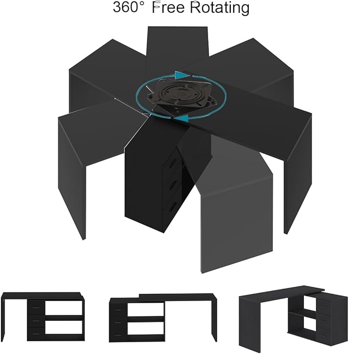 HSH Black L Shaped Desk with Drawers Shelves, 360 Rotating Home Office Desk L Shape with Storage Cabinet, Corner Wood Computer Table for PC Executive Work Study Writing in Bedroom Living Room, 55 in