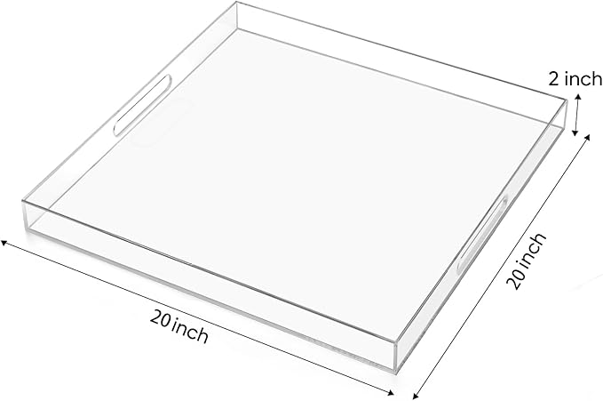 20×20 inches Oversized Clear Acrylic Ottoman Tray Extra Large Decorative Tray Spill-Proof Serving Trays with Handles King-Size Safe Edge Organizer for Coffee Table Countertop Breakfast