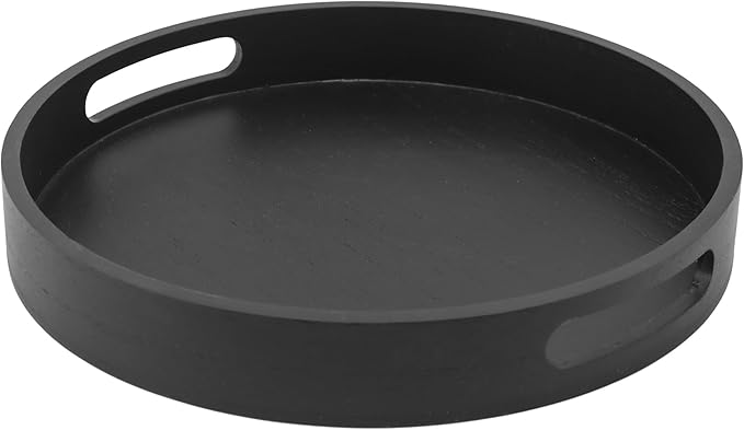 Round Decorative Tray,Wooden Serving Tray with Handles, 11.8in Black Decorative Trays for Coffee Table,Kitchen Counter,bandejas decorativas