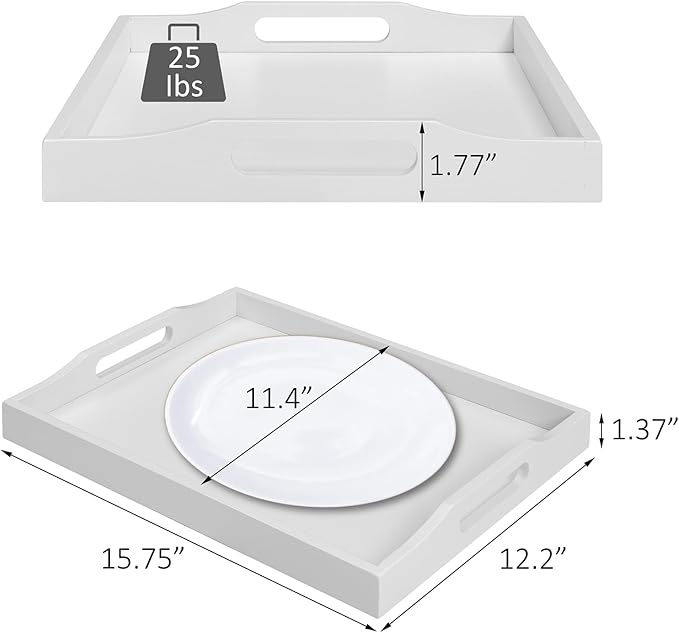 Bamboo Food Serving Tray with Handles, Breakfast Bed Tray for Tea,Snack,Dinner, Home Decorative Storage Food, Platter, Ottoman for Kitchen Counter, Bathroom, Restaurant (White)