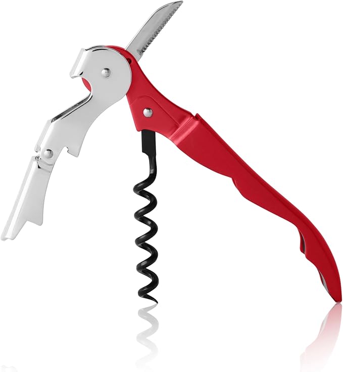 True Brands TrueTap Double Hinged Waiters Corkscrew, Top-notch Stainless Steel Opener with Foil Cutter Built to Last Wine Key Red, Set of 1