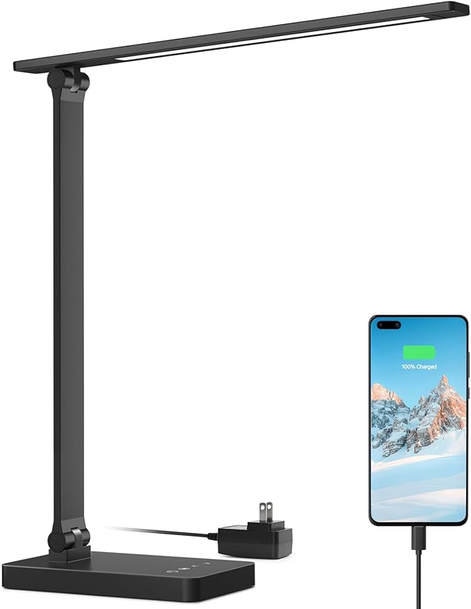 Lepro LED Desk Lamp with USB Charging Port,650LM Dimmable Home Office Touch Control Reading Table Lamp,5 Color Modes with 5 Brightness,College Dorm Room Essentials, Eye Caring, Sewing, Crafting, Black