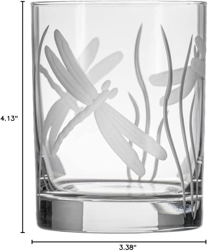 Rolf Glass Dragonfly Double Old Fashioned Glass | 13oz Etched Whiskey Tumbler | Set of 2 | Lead-Free Etched Glassware | Made in the USA (Set of 2)