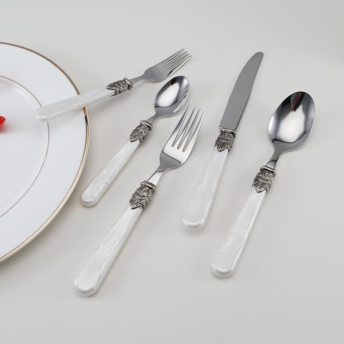 REVERIE Collection 18/10 Stainless Steel Vintage Flatware set,Sliverware set,Dishwasher safe (65, Pearl White)