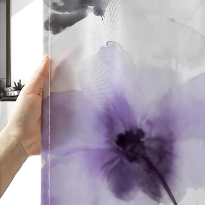 Boho Floral Shower Curtain, Cream Tan Beige Purple Grey White Flower Farmhouse Fabric Shower Curtains Set for Bathroom Decorative with Hooks 72 X 72 inch Spring Bath Decor