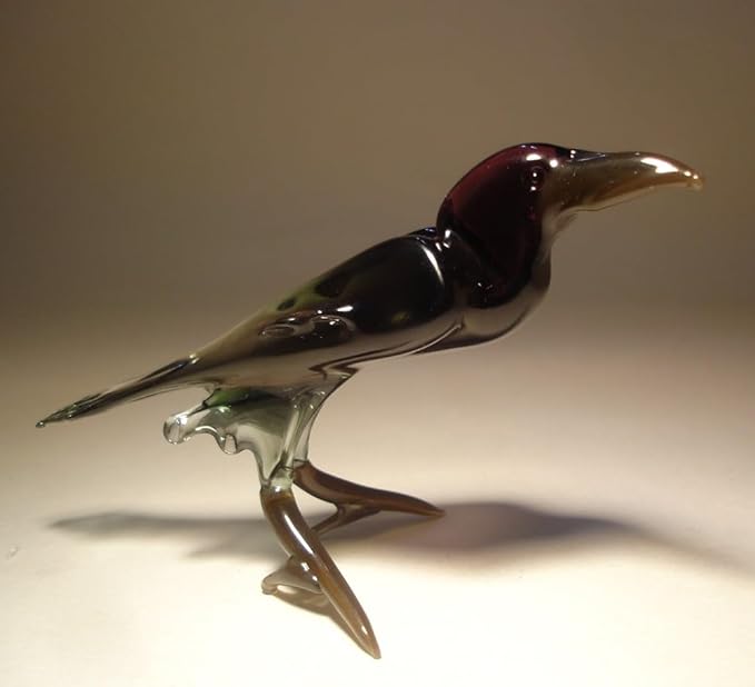 Glass Black Bird Raven Crow Figurine Blown Glass Handmade