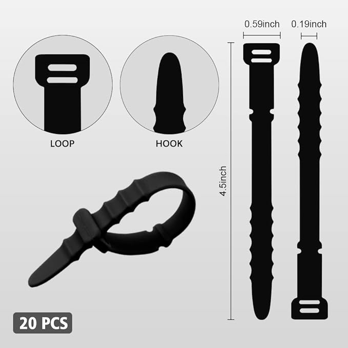 Reusable Zip Ties, Silicone Zip Ties, 20pcs Rubber Cable Ties, Reusable Fastening Cable Ties,Twist Ties for Bags,Travel Items,Camping Gear Must Haves,Black Cord Ties 4.5inch (20Pcs Black)