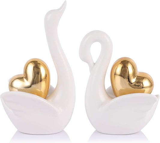 Loving Swan Figurine with Gold Heart Statue, Ceramic Animal Regalos Para Parejas, Cute Figurines Pottery Gifts for Anniversary, Couple Swan Sculpture for Women Dresser Knick Knacks Shelves Show Pieces