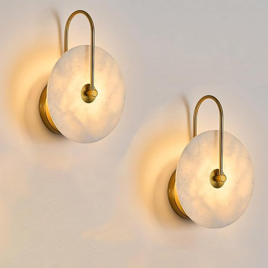 Round Alabaster Wall Sconce Set of Two, Natural Marble Lampshade Wall Sconce, Hardwired Circular Sconce LED Modern Wall Lamp for Bedroom, Stairs, Living Room, Bedside, Hallway
